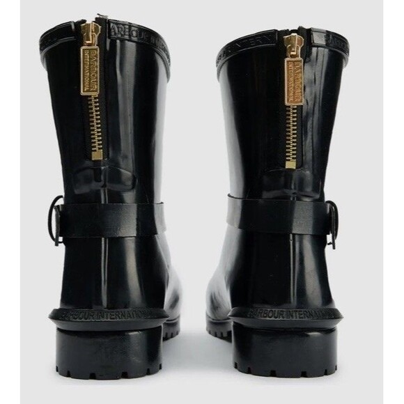 NEW Barbour International Women Black High Gloss Ankle Wellies Rain Boots 9M - Picture 4 of 8